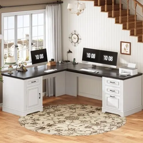 SEDETA farmhouse executive L-shaped desk with multiple drawers