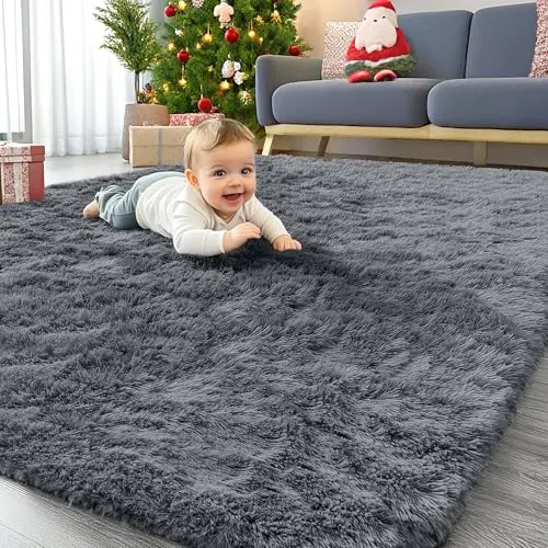 OLANLY gray fluffy shaggy rug in bedroom setting