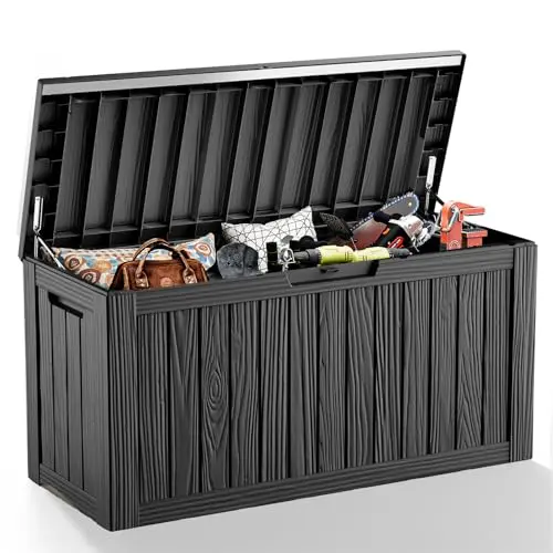 EasyUp black resin deck box with hydraulic lid