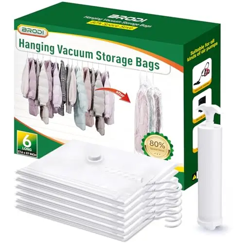 Brodi hanging vacuum storage bags for coats and suits with hand pump