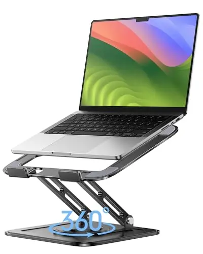 LOXP black laptop stand with rotating base showing full rotation capability