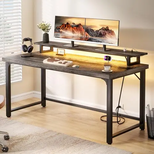 Unikito 55 inch black computer desk with LED lights and monitor stand