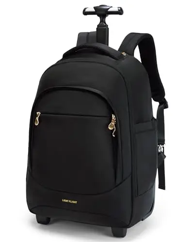 LIGHT FLIGHT 37L rolling backpack showing multiple compartments and smooth wheels