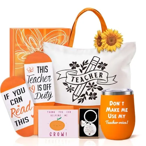 Orange-themed teacher gift set with tumbler, tote bag, keychain, and accessories