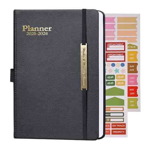 Samboo black leather planner with elastic closure and compact design