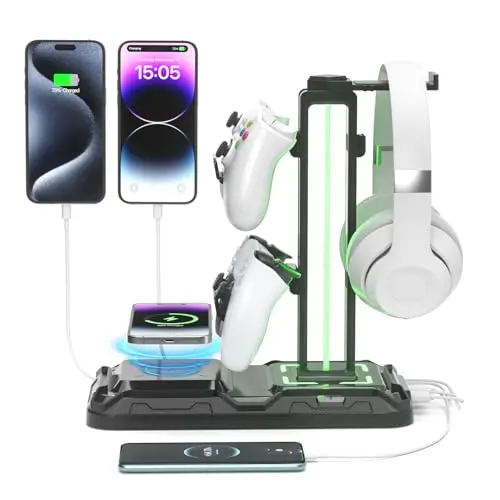 KDD headphone and controller stand with wireless charging and RGB lighting
