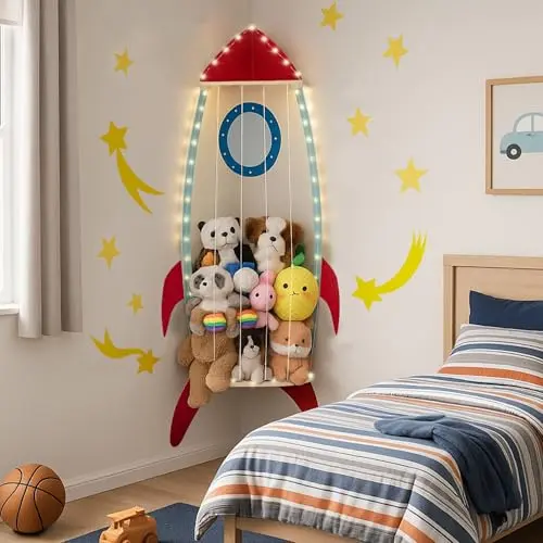 PUTSKA corner stuffed animal storage organizer with spaceship design