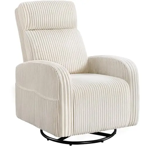 Yaheetech 360-degree swivel glider chair in beige corduroy with side pockets