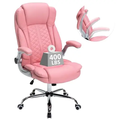 HESL pink office chair with flip-up armrests and wide seat