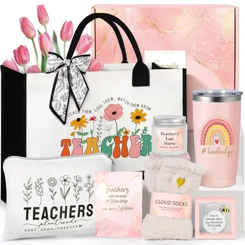 Suhchuptx teacher gift basket with tumbler, tote bag, and accessories
