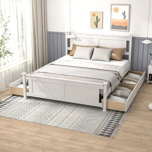 VINGLI solid wood queen size bed with four storage drawers in white finish