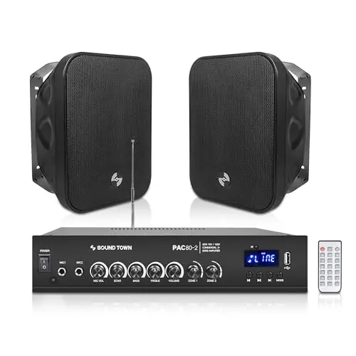 Sound Town compact amplifier with surface-mount speakers for small restaurant areas