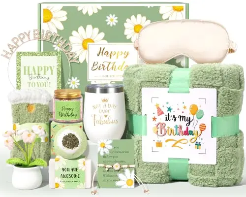 12-piece birthday gift box with luxury blanket, tumbler, and festive accessories