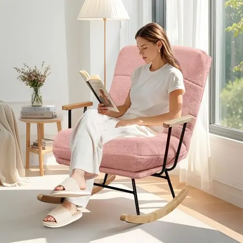 VECELO wide rocking chair with adjustable backrest in pink