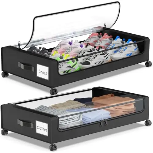 Molutsody under bed storage bins with wheels, clear lids, and metal frame