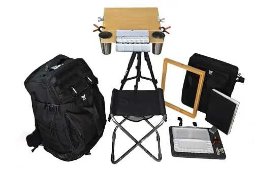 PLEINLY complete plein air painting set with backpack, easel, tripod, and stool