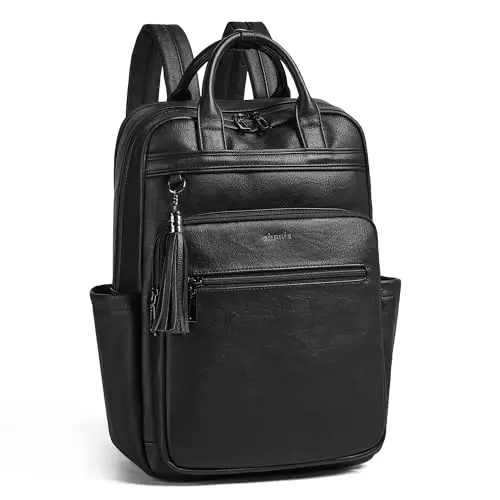 Shrrie leather laptop backpack with multiple pockets and luggage strap