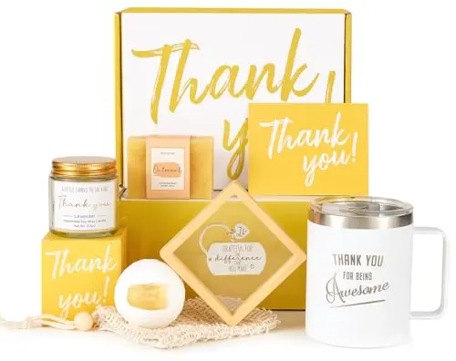 CIAABYS thank you gift box with tumbler, candle, and spa items in white and yellow packaging