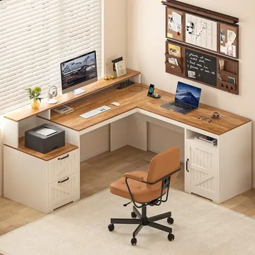 YOMILUVE farmhouse style L-shaped desk with storage cabinet
