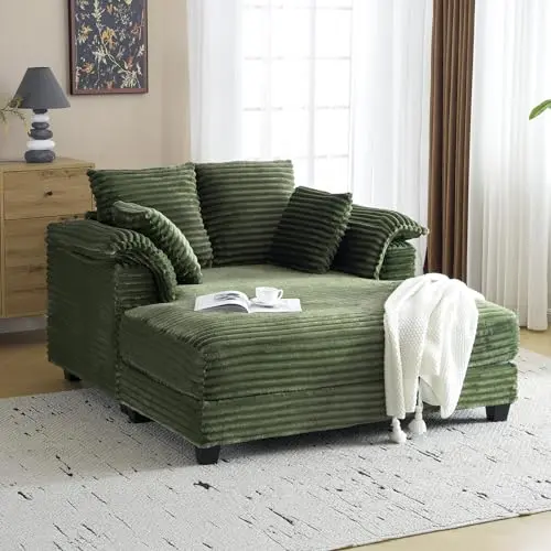 VINGLI oversized reading chair in olive green with corduroy upholstery and armrests