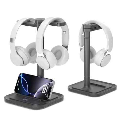 KDD dual headphone stand with rotatable hanger and phone holder