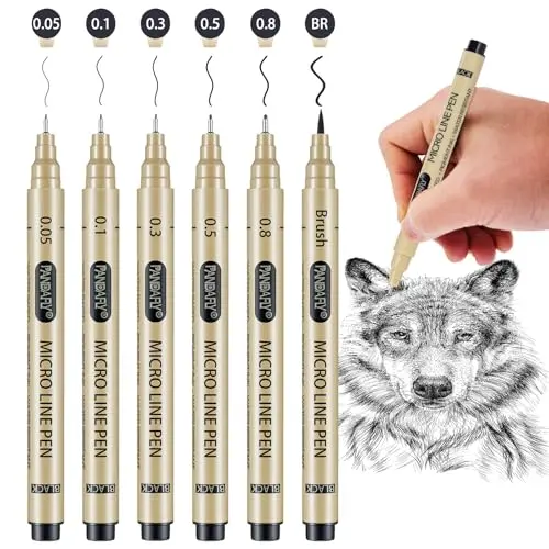 PANDAFLY black fineliner pens with six tip sizes including brush