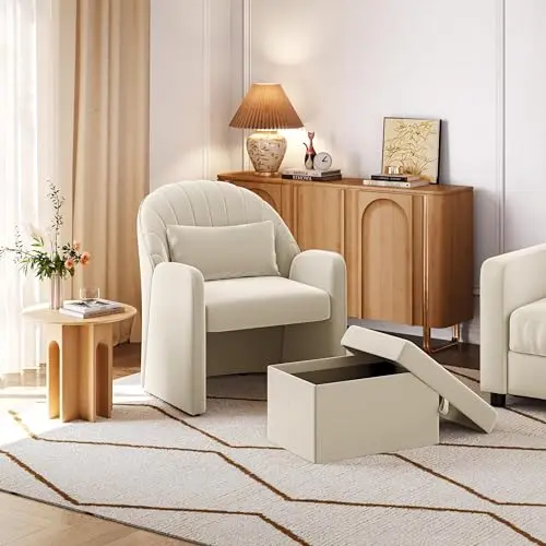 Yaheetech small barrel accent chair in beige velvet with retractable footrest and lumbar pillow