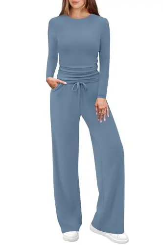 WIHOLL grey blue women's long sleeve top and wide leg pants casual set