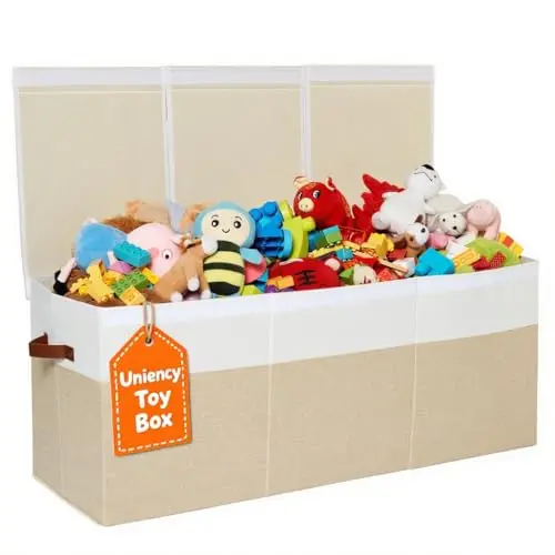 Uniency extra large fabric toy storage box with lid in beige