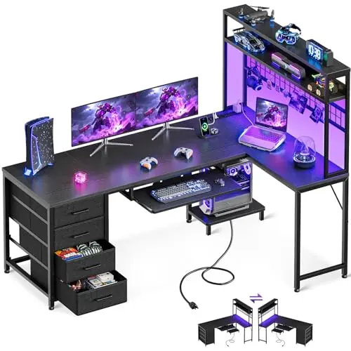 AODK L-shaped gaming desk with drawers, keyboard tray, and pegboard
