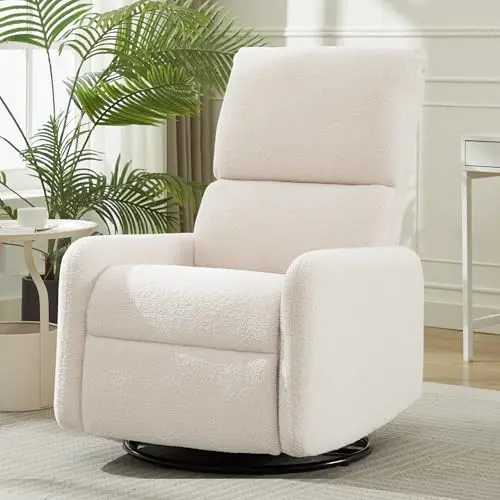 Korser swivel glider chair in beige with sherpa fabric and side pockets