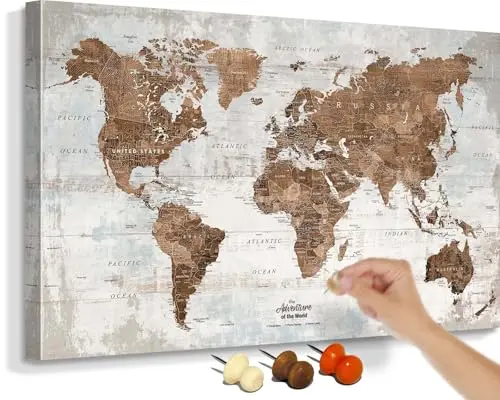 GIFTTWART vintage world map wall art with push pins