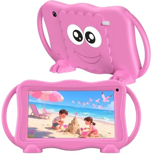 Trayoo 7-inch kids tablet in pink with protective case and educational interface