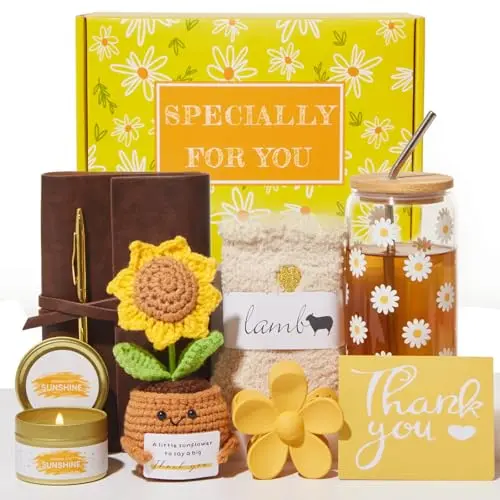 OHATOS thank you gift basket with notebook, pen, crocheted sunflower, glass cup, socks, hair clip, candle, and card