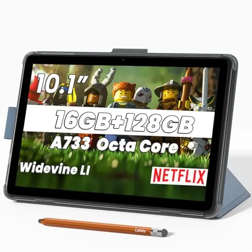 Callsky-Tab Android 15 tablet with blue case displaying a streaming app