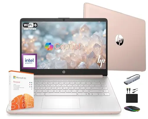 HP 14 laptop in rose gold with anti-glare display and portable design