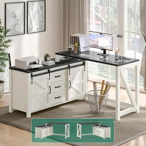 Vabches executive L-shaped desk with reversible farmhouse design