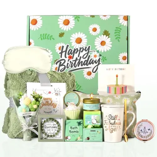 FESVEOKE daisy-themed birthday gift box with blanket, mug, and spa products