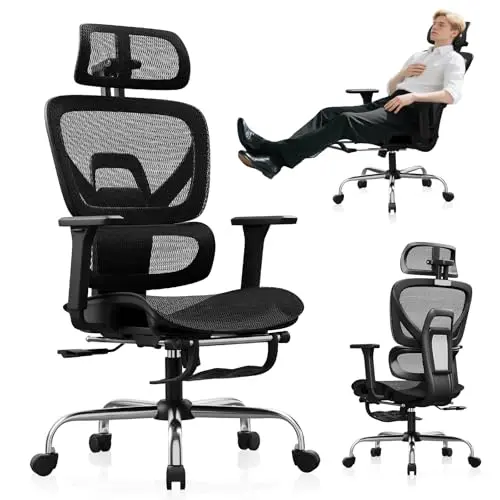 SYNORLA ergonomic office chair with mesh design, footrest, and adjustable lumbar support