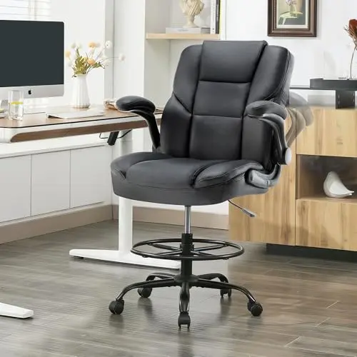 Sofetura drafting chair with PU leather upholstery and flip-up armrests