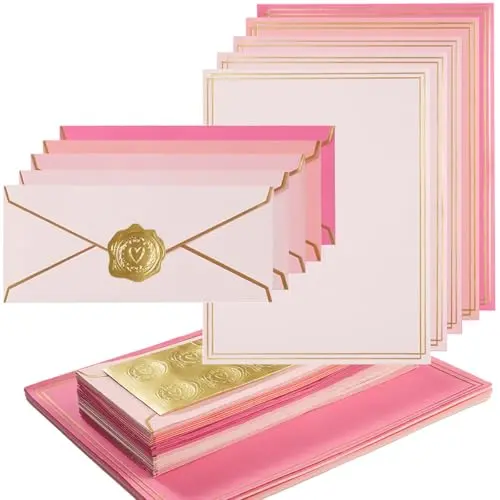 Topeen stationery set with gold border design including paper, envelopes, and stickers