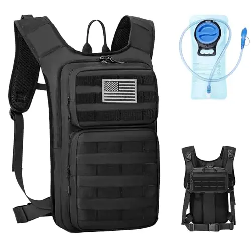 Koculemi tactical hydration backpack with 2L water bladder and detachable front pouch in black