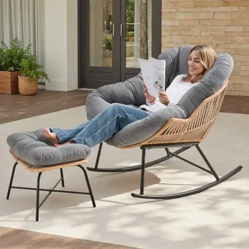 ONBRILL papasan rocking chair with ottoman in gray